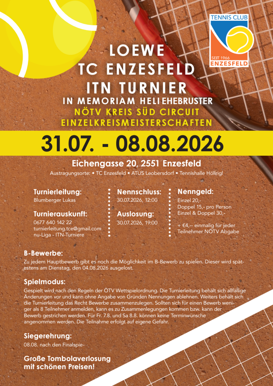 Unser alljährliches ITN-Turnier beim TC Enzesfeld: Jetzt anmelden!